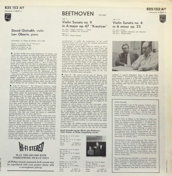 David Oistrach ‧ Lev Oborin Vinyl LP (LP Record) Beethoven Violin Sonatas IV- No. 9 Op. 47 Kreutzer ‧ No 4 Op. 23 Album Cover Rear