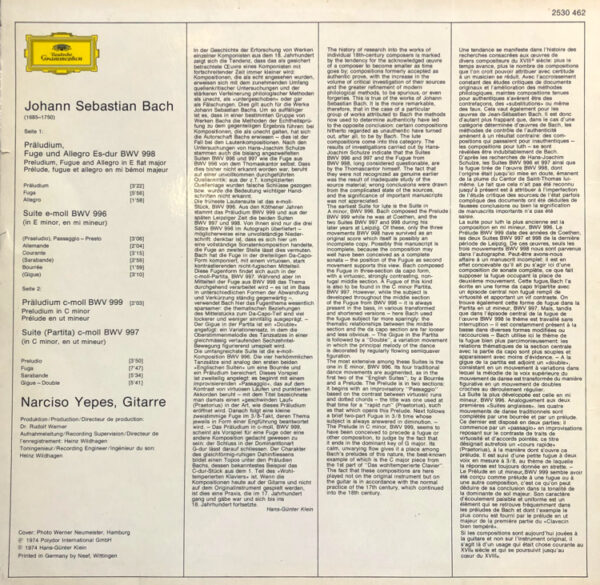 Johann Sebastian Bach – Narciso Yepes – Werke Für Laute II Vinyl LP (LP Record) Rear Cover