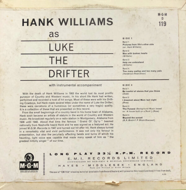 Hank Williams as Luke The Drifter 10 Inch Mono Vinyl Record Rear Cover