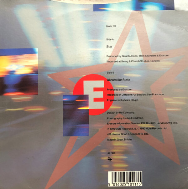 Erasure Star 7 Inch Vinyl Record Picture Sleeve Rear Cover