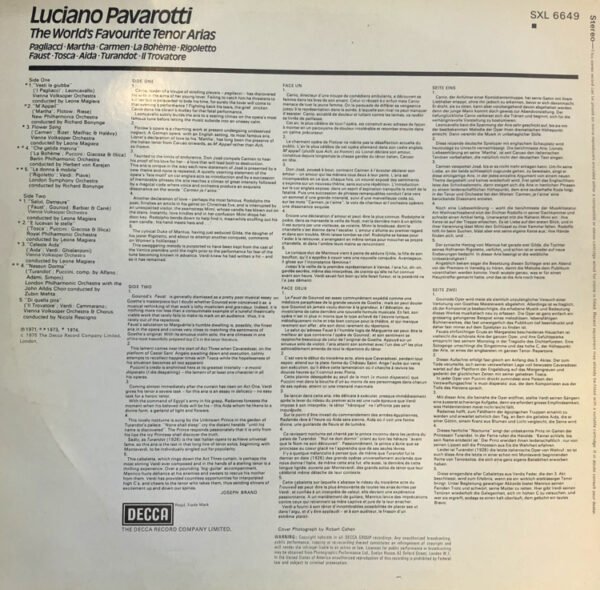 Luciano Pavarotti The Worlds Favourite Tenor Arias Vinyl LP Album (LP Record) Rear Cover