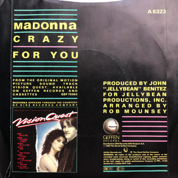 Madonna Crazy For You 7 Inch Vinyl Record Picture Sleeve Front Rear