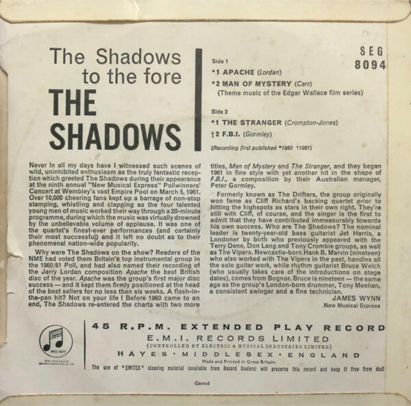 Shadows To The Fore The Shadows 7 Inch Vinyl Record Picture Sleeve Rear Cover