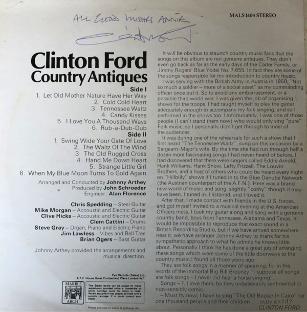 Signed Clinton Ford - Country Antiques Vinyl LP (LP Records) Rear Cover